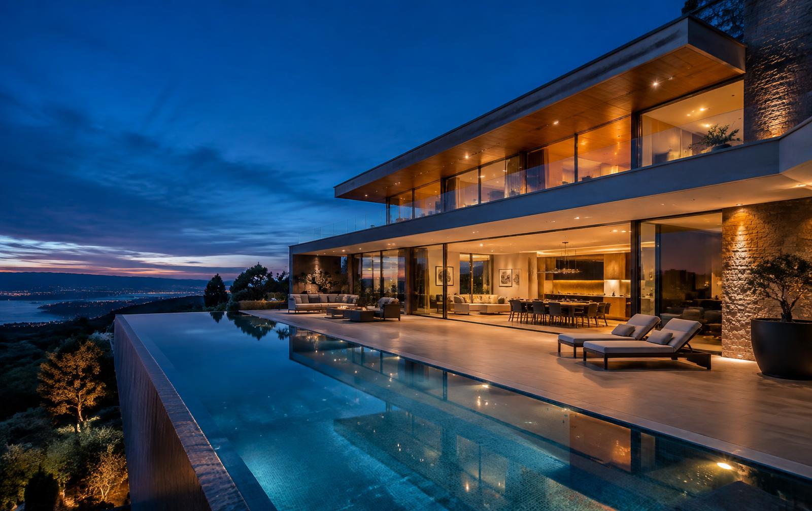 Modern luxury home with infinity pool at dusk