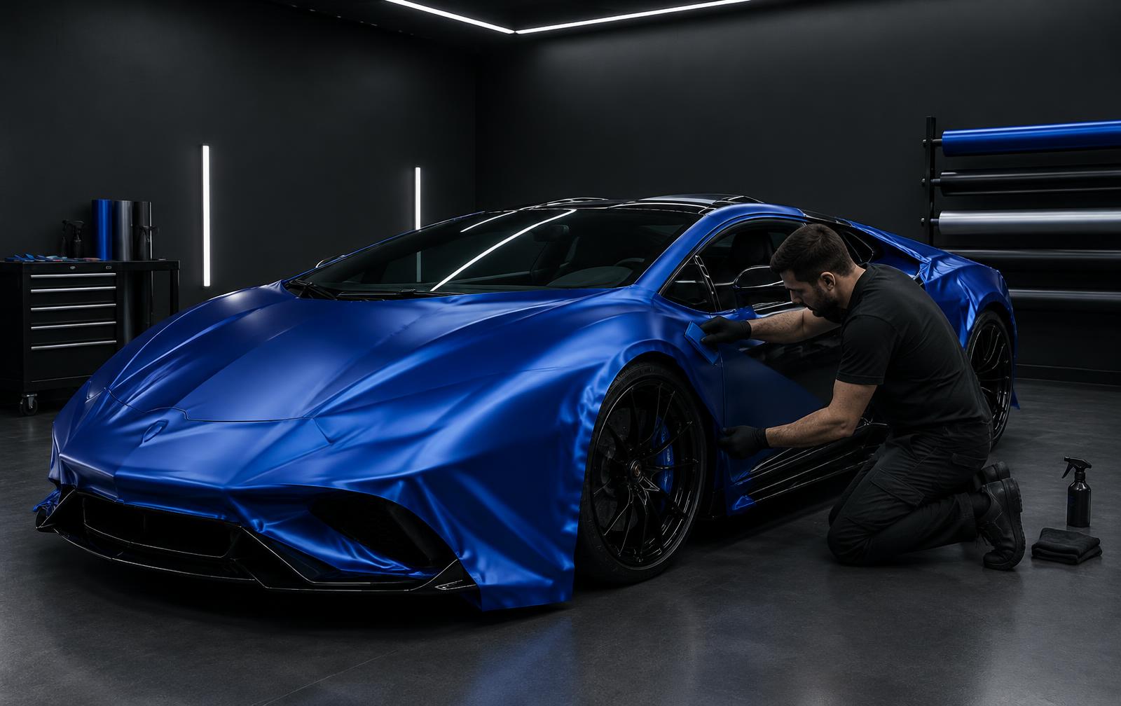 Installer applying satin blue wrap film to a supercar in a studio